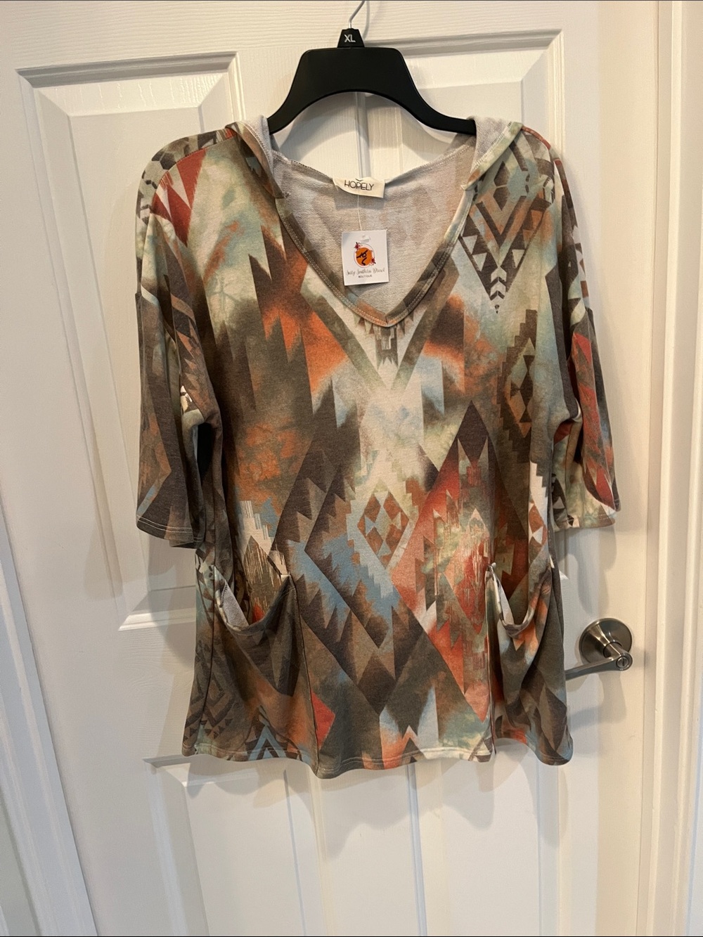 Boho Aztec V-Neck Hooded Tunic with Pockets - Multicolor